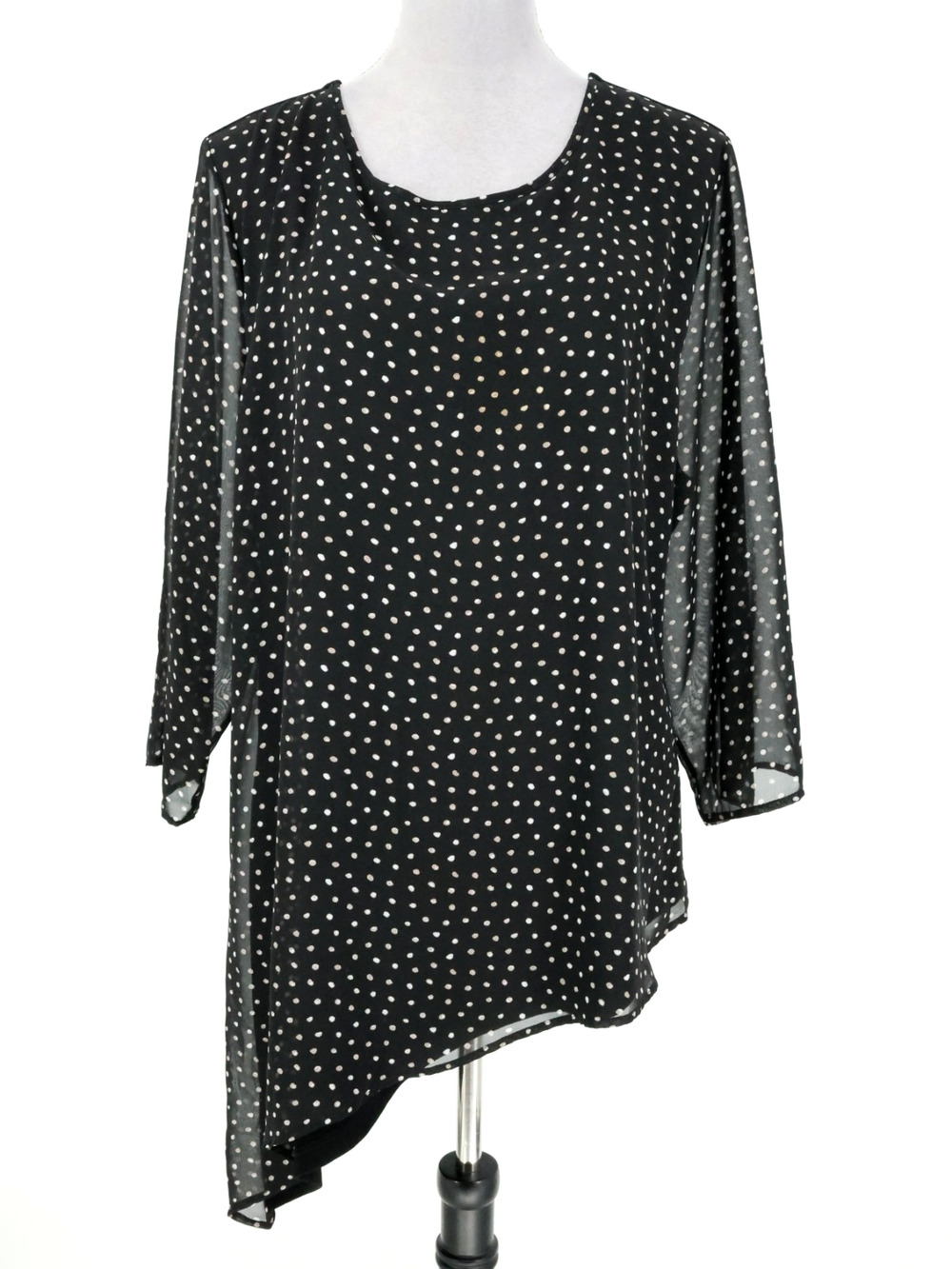 Chicos Travelers Top 3 Womens XL 16 Black Polka Dot Chiffon Mixed Media Blouse